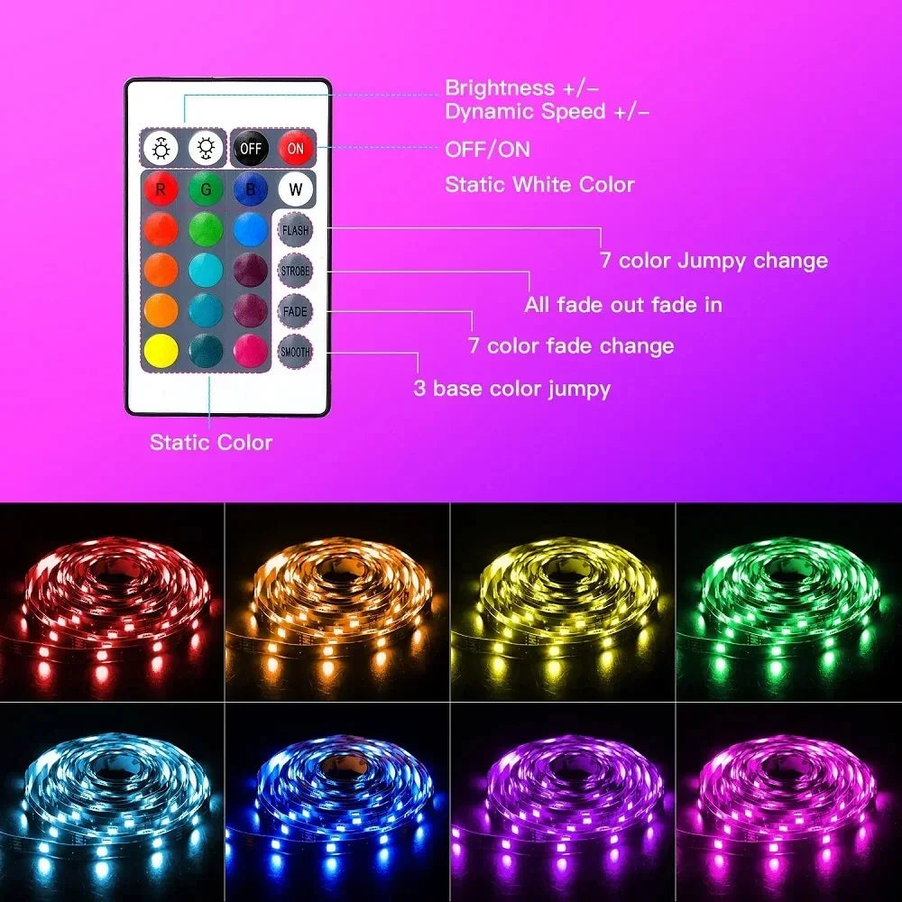 1–30M USB 5V RGB LED Strip Lights – Bluetooth, 24-Key Remote, Flexible TV Backlight