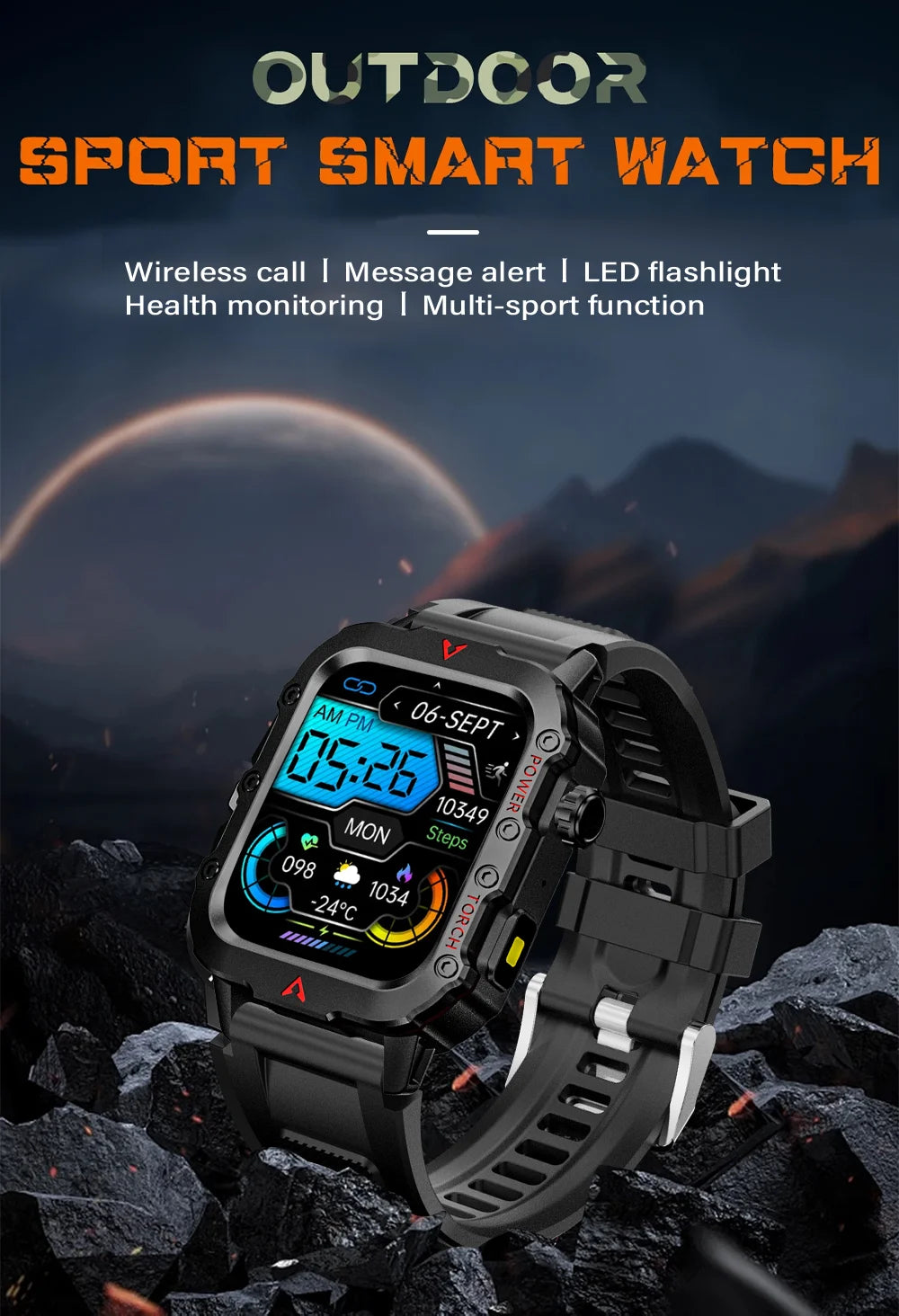 LAXASFIT Men’s Outdoor Smart Watch with LED Flashlight & Health Monitoring