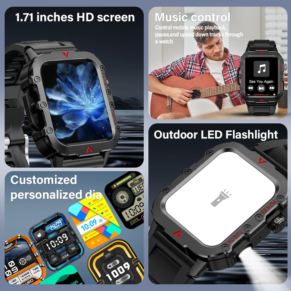 LAXASFIT Men’s Outdoor Smart Watch with LED Flashlight & Health Monitoring