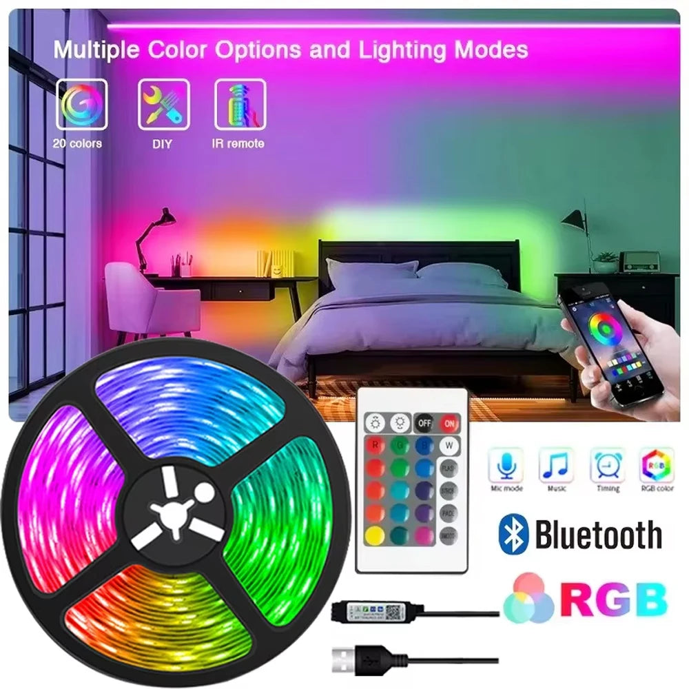 1–30M USB 5V RGB LED Strip Lights – Bluetooth, 24-Key Remote, Flexible TV Backlight