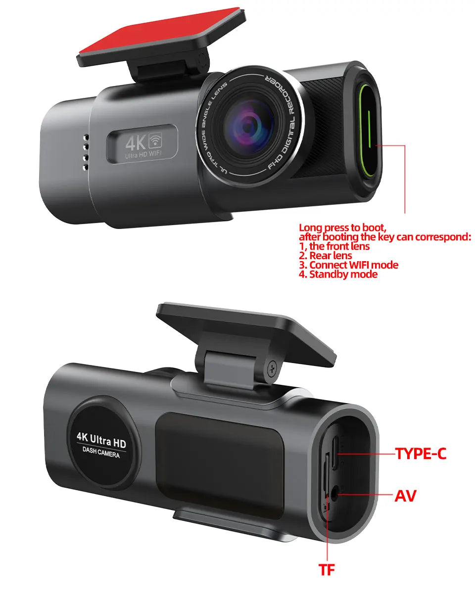 4K UHD Dash Cam – Night Vision, Wi-Fi, GPS Support & 24H Parking Monitor