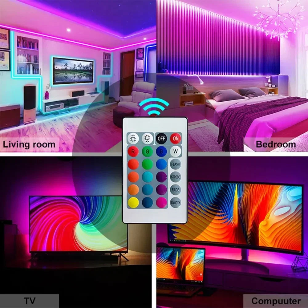 1–30M USB 5V RGB LED Strip Lights – Bluetooth, 24-Key Remote, Flexible TV Backlight