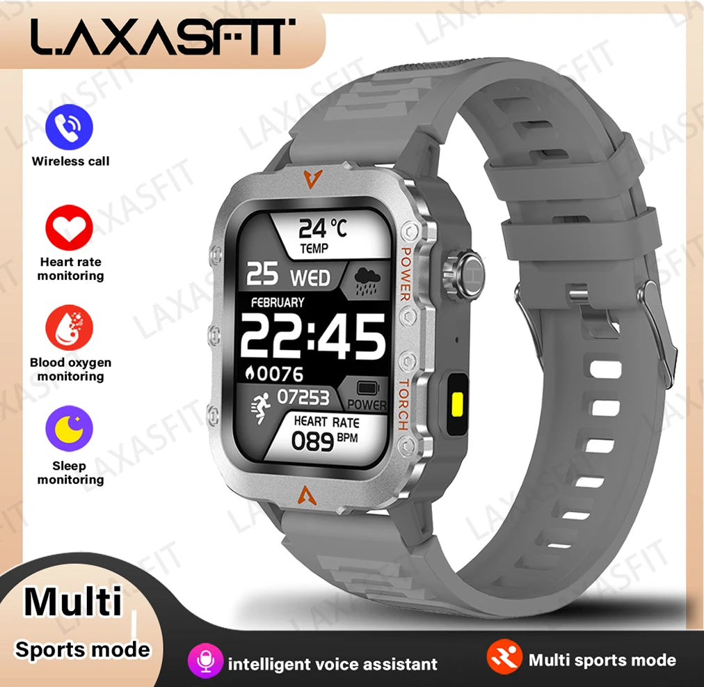 LAXASFIT Men’s Outdoor Smart Watch with LED Flashlight & Health Monitoring