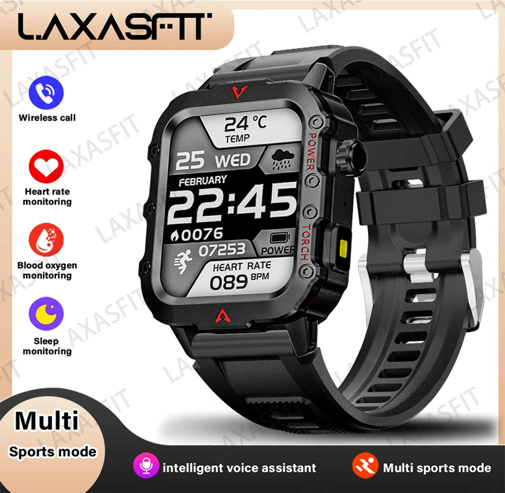 LAXASFIT Men’s Outdoor Smart Watch with LED Flashlight & Health Monitoring