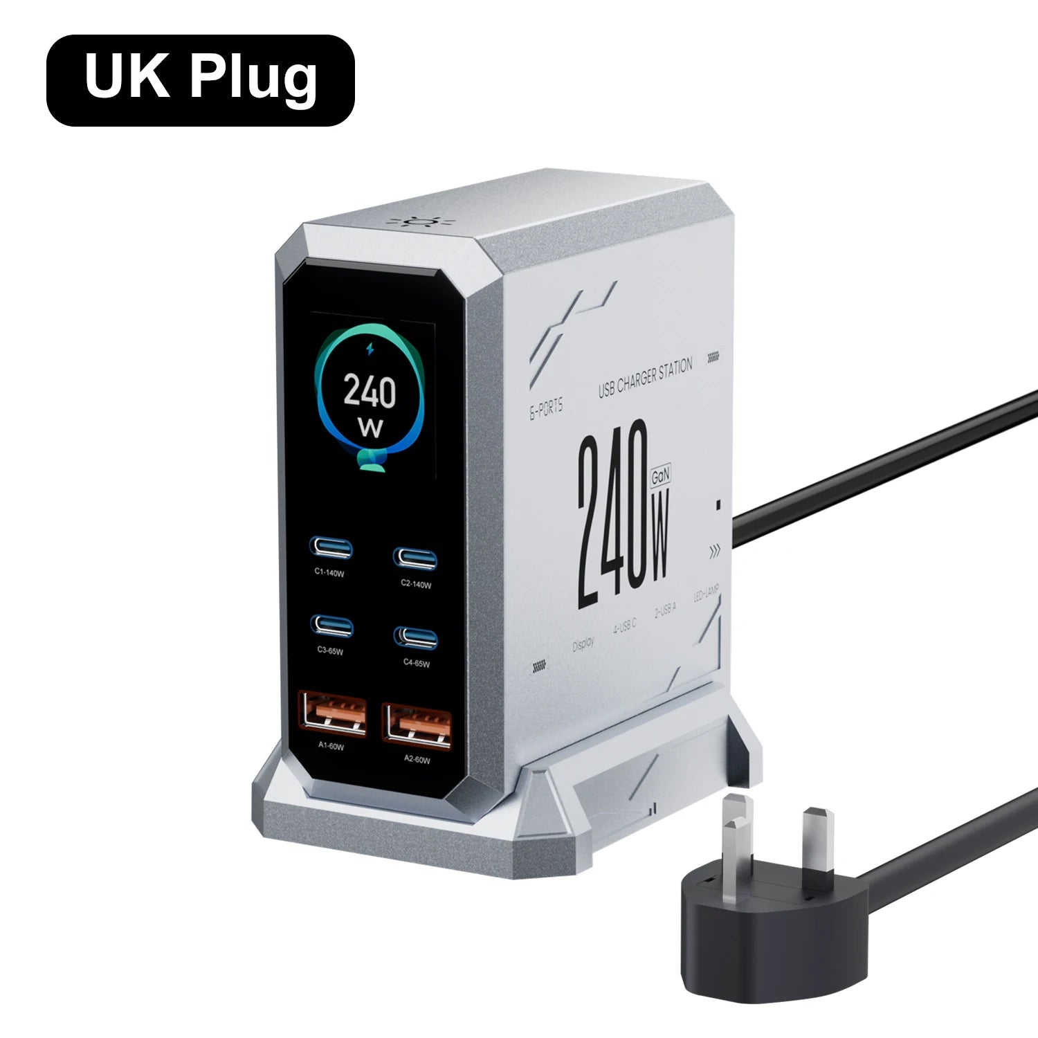 240W GaN 6-in-1 Charger – 140W PD3.1 Fast Charging USB-C Station with Digital Display